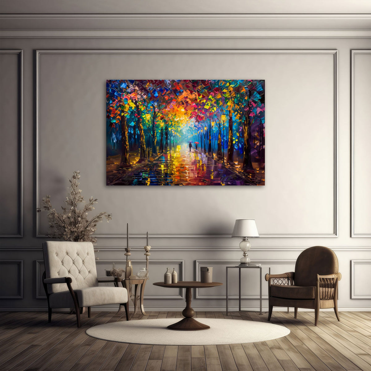 Quadro viale pioggia colorato ambientato
