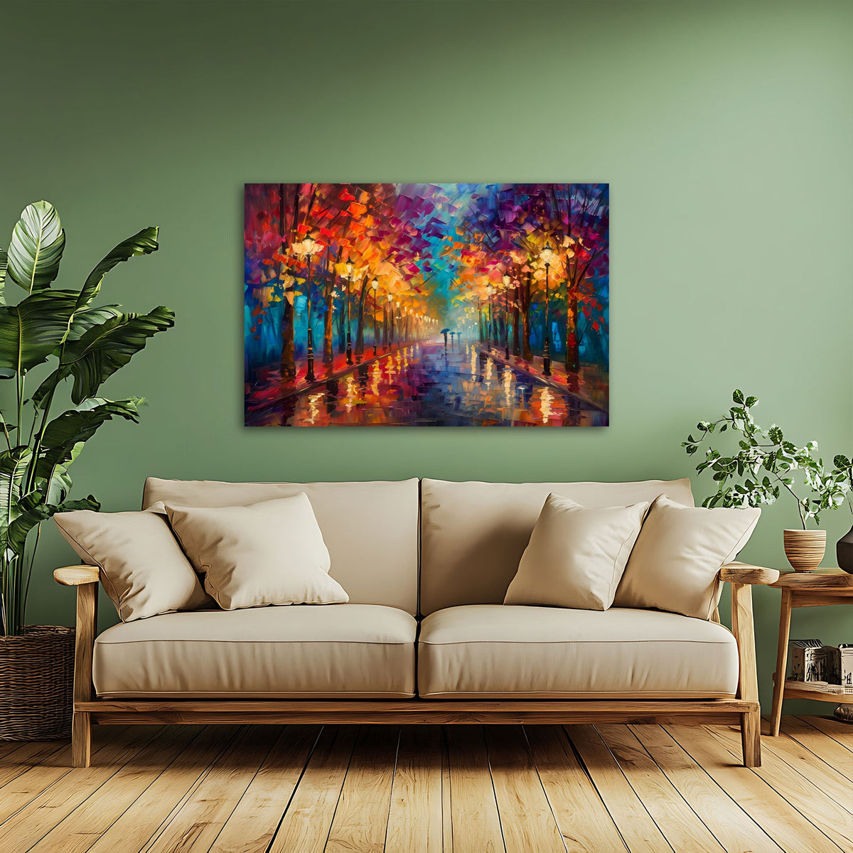 Quadro viale pioggia luce calda ambientato