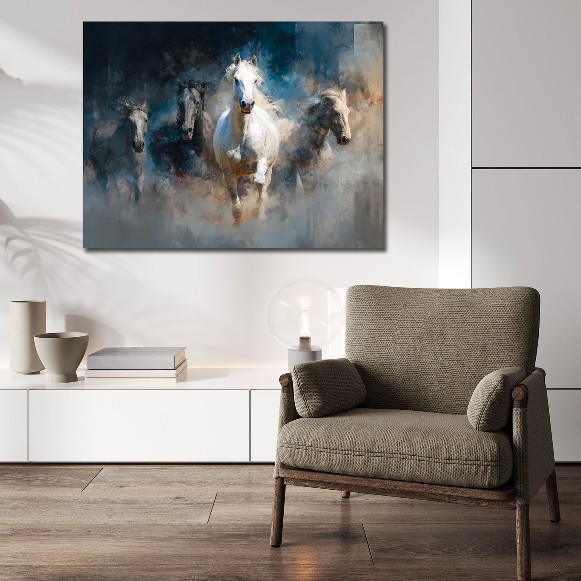 Cavalli bianchi nella nebbia con energia quadro