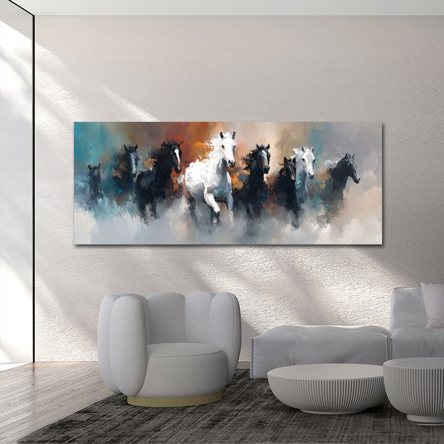 Cavalli bianchi guidano la mandria nella nebbia quadro