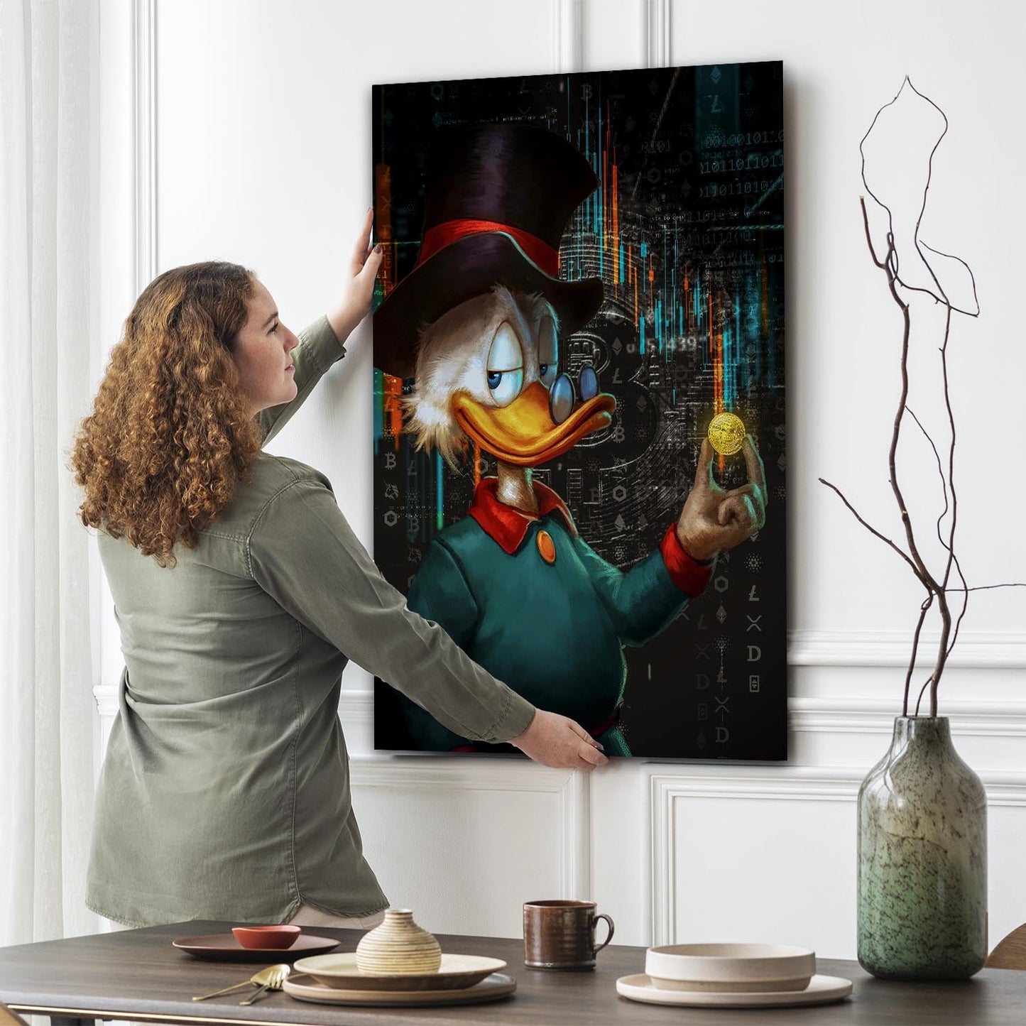 Bilddruck auf Leinwand moderne Kunst Dagobert Pop Art Bitcoin Edition, Comic, Comics, Motivation