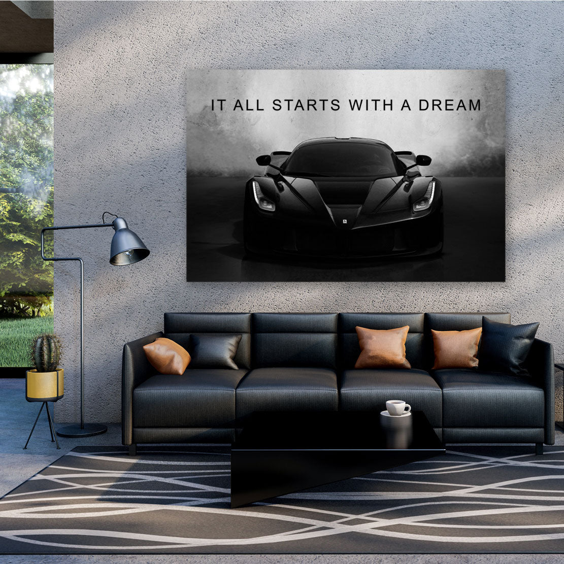 Quadro motivazionale Ferrari nera It Starts With A Dream